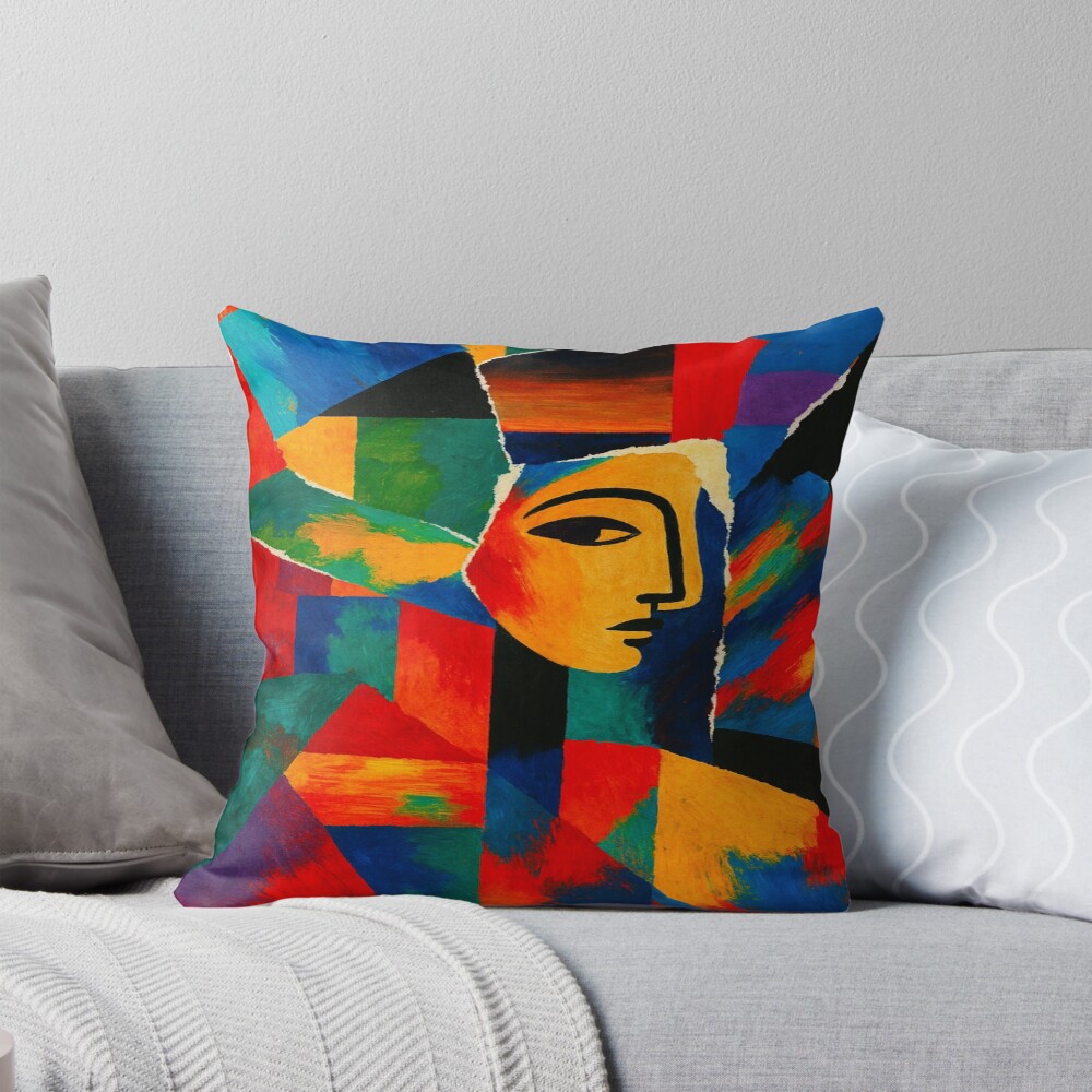 Colorful Cubist Face Abstract Portrait Art on a throw pillow