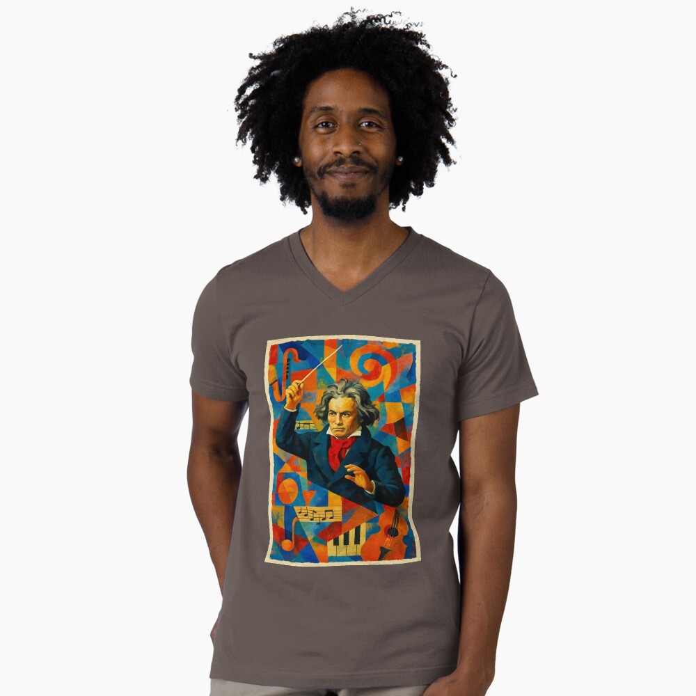 Abstract Classical Composer Music Portrait Art on a v-neck t-shirt