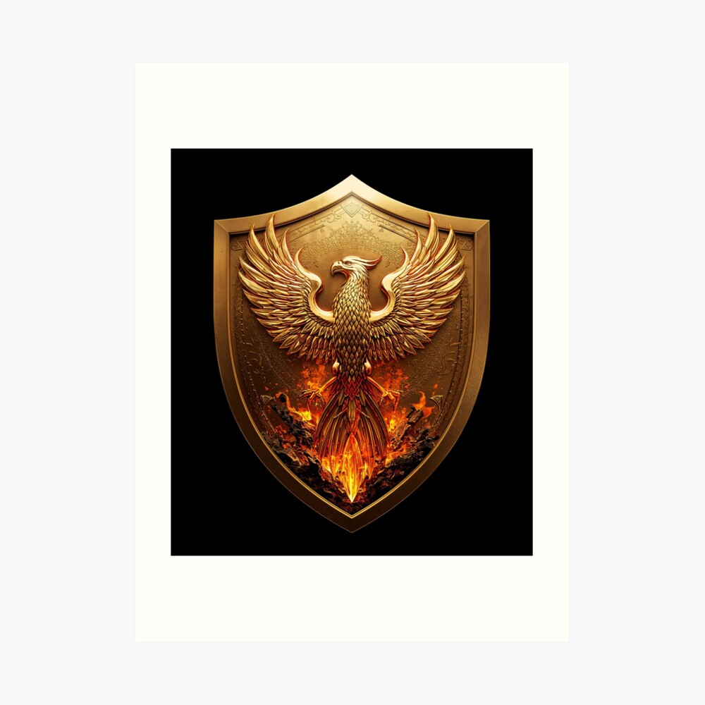 Golden Phoenix Crest Shield Fantasy Emblem on a art print