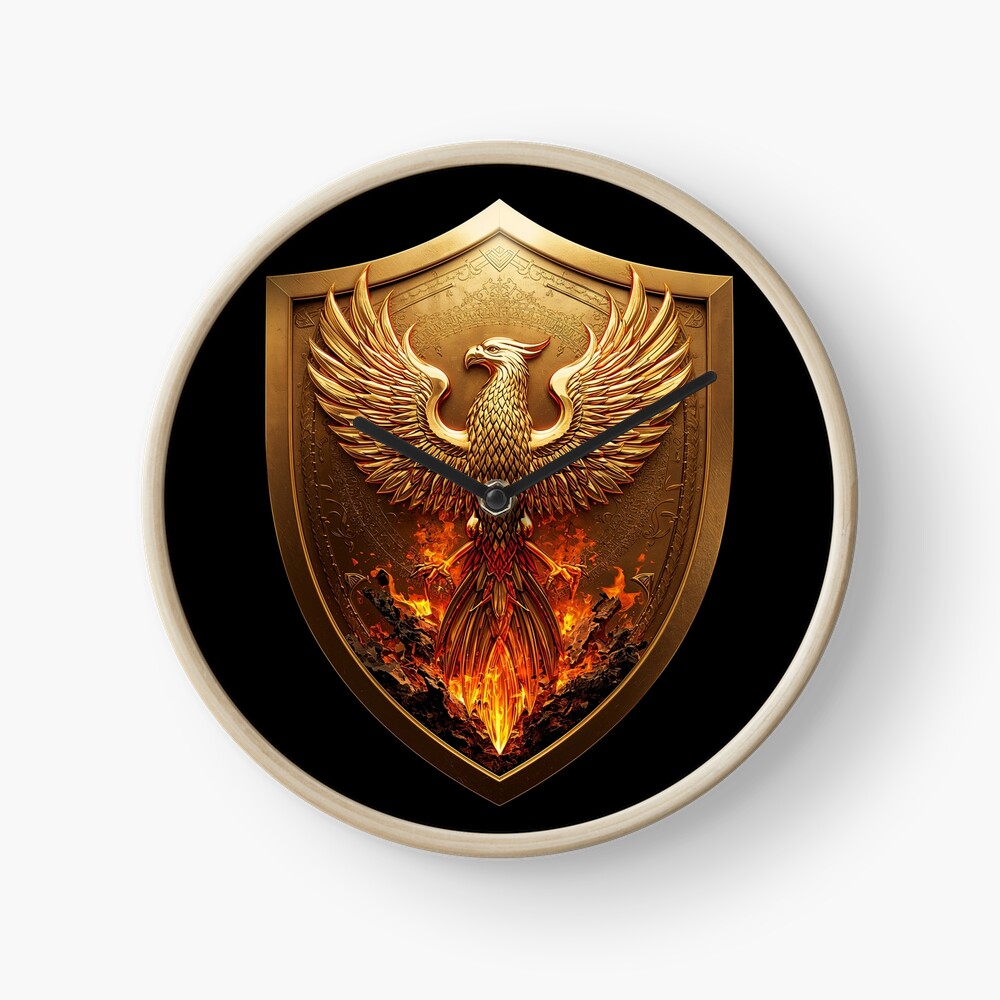 Golden Phoenix Crest Shield Fantasy Emblem on a clock