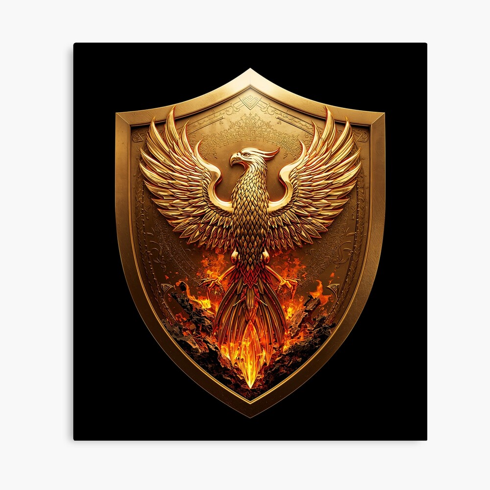 Golden Phoenix Crest Shield Fantasy Emblem on a canvas print