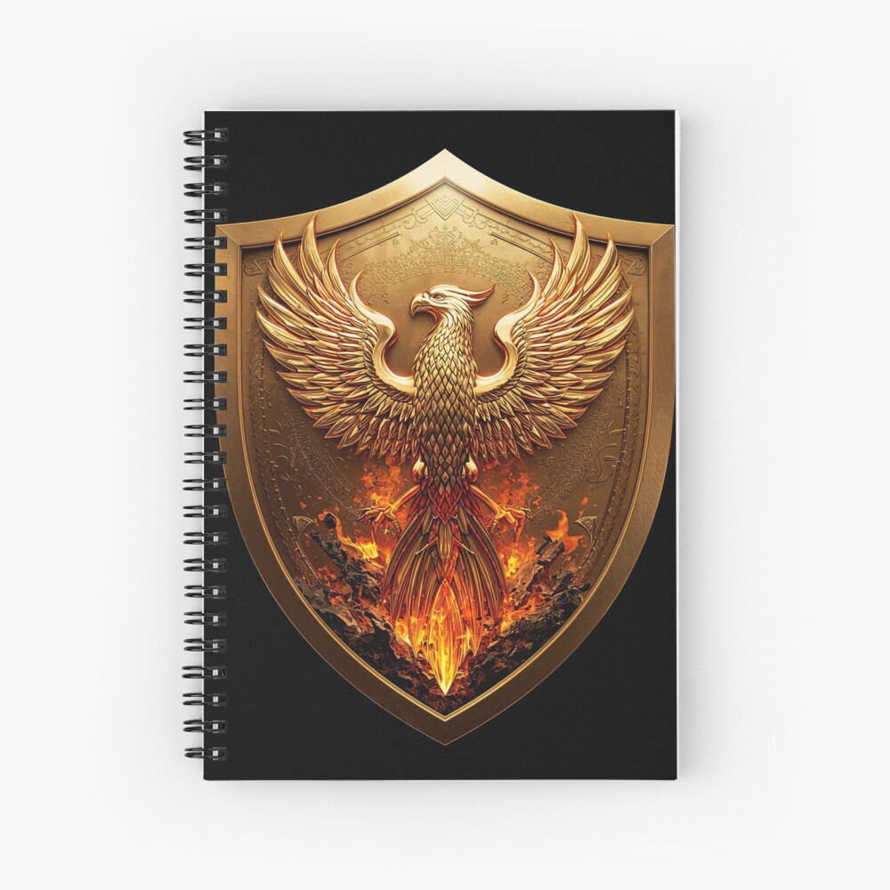 Golden Phoenix Crest Shield Fantasy Emblem on a spiral notebook