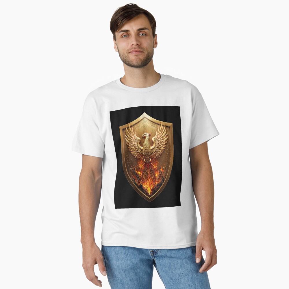 Golden Phoenix Crest Shield Fantasy Emblem on a classic t-shirt