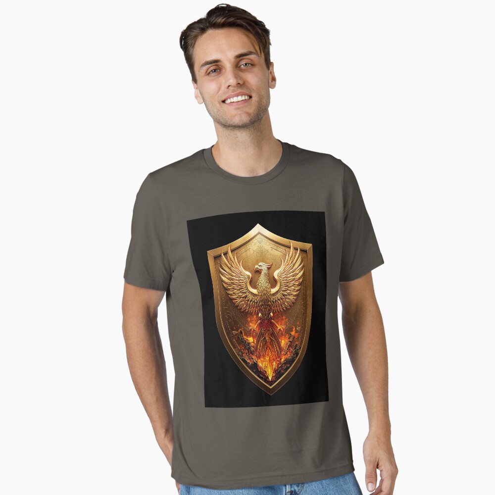 Golden Phoenix Crest Shield Fantasy Emblem on a essential t-shirt