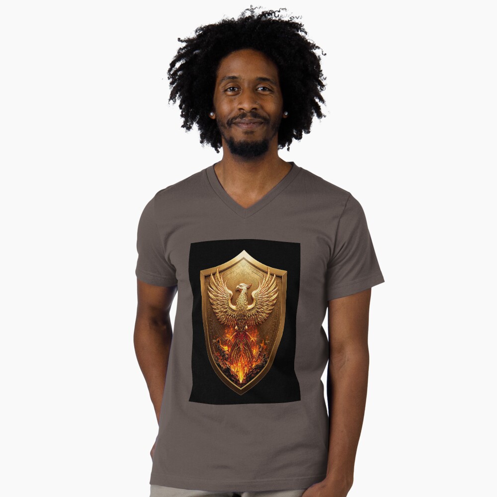 Golden Phoenix Crest Shield Fantasy Emblem on a v-neck t-shirt