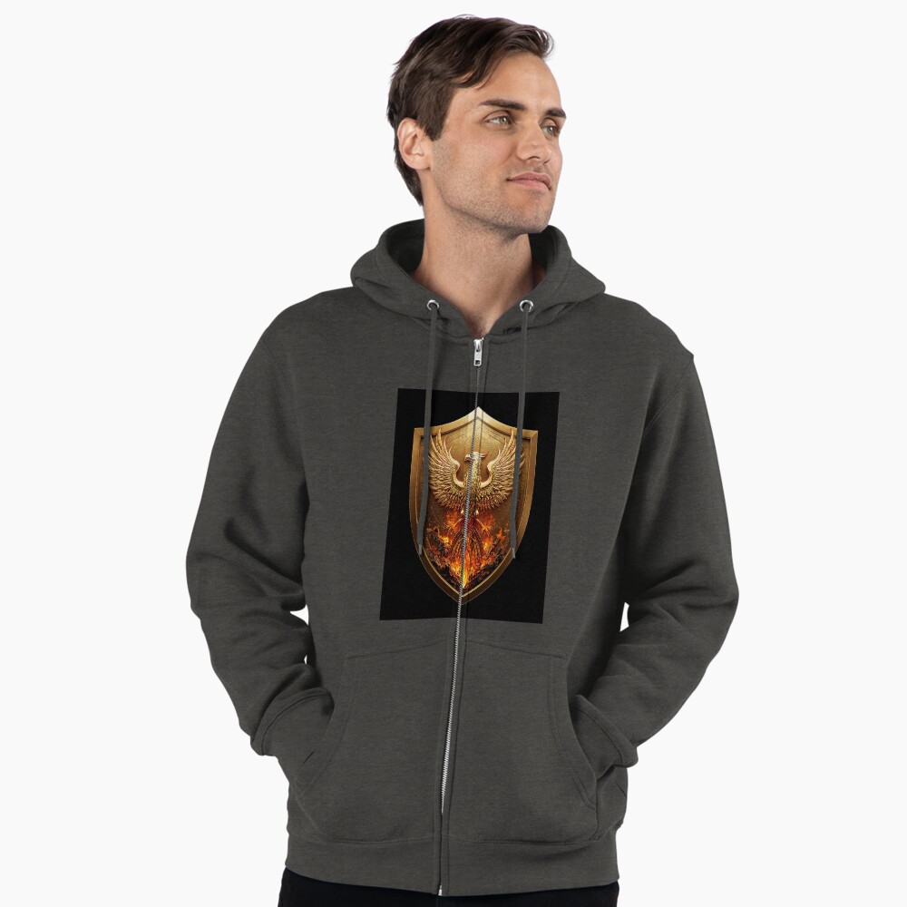 Golden Phoenix Crest Shield Fantasy Emblem on a zip hoodie