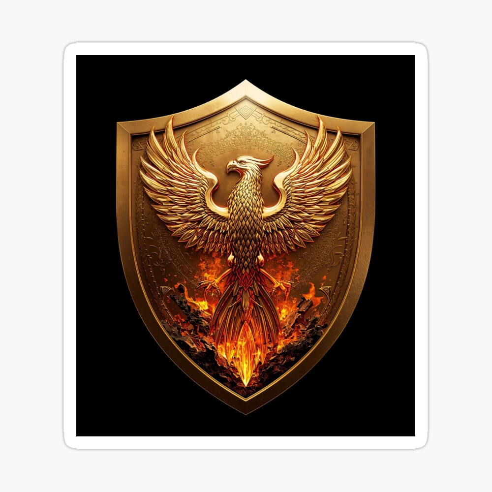 Golden Phoenix Crest Shield Fantasy Emblem on a sticker