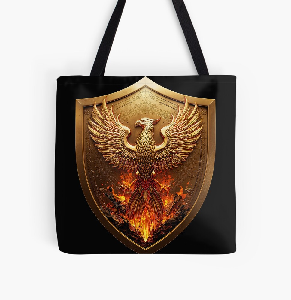 Golden Phoenix Crest Shield Fantasy Emblem on a tote bag