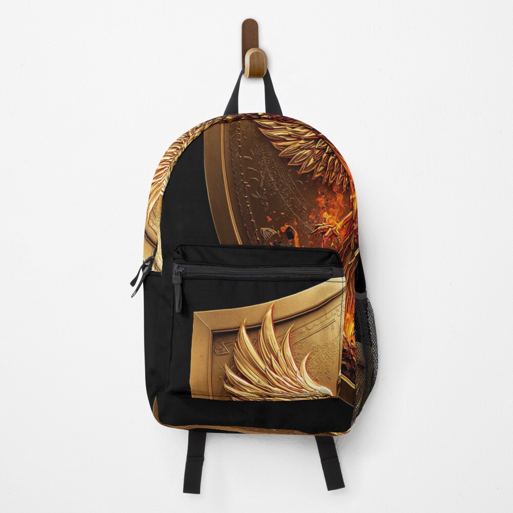Golden Phoenix Crest Shield Fantasy Emblem on a backpack