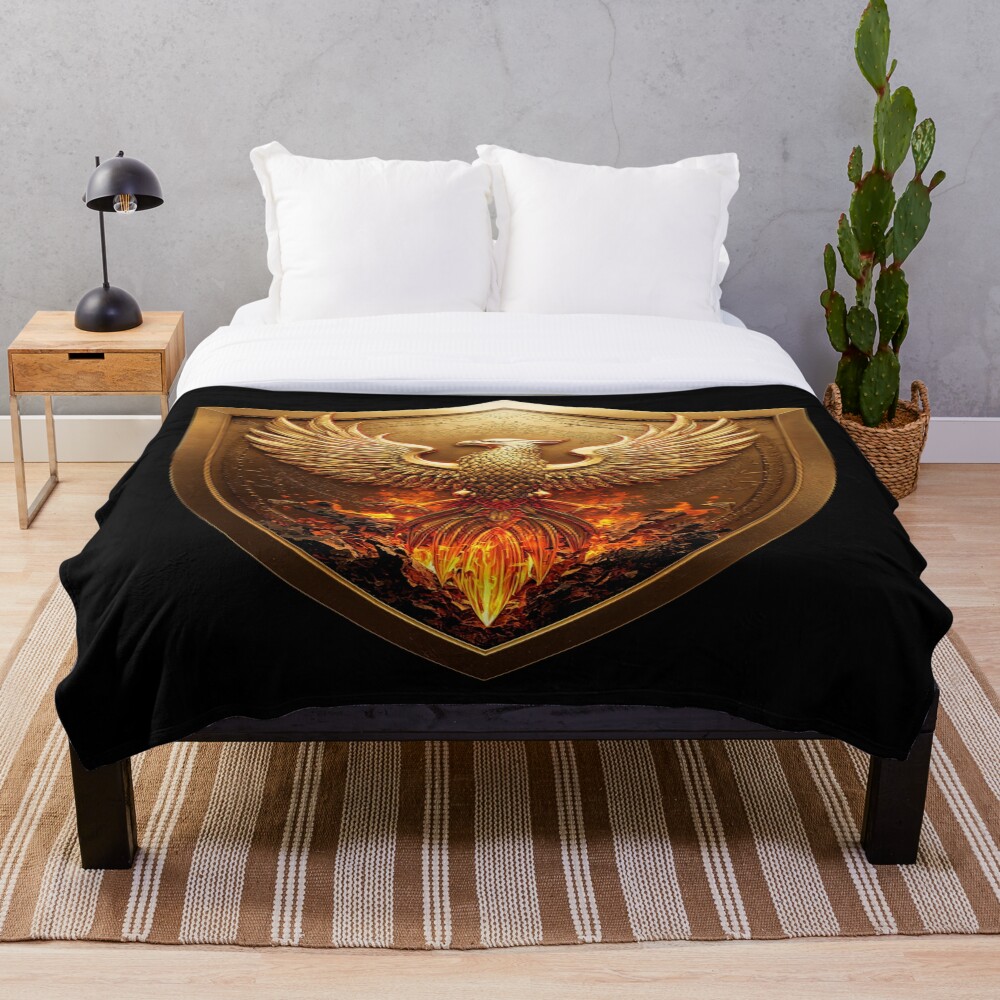 Golden Phoenix Crest Shield Fantasy Emblem on a throw blanket