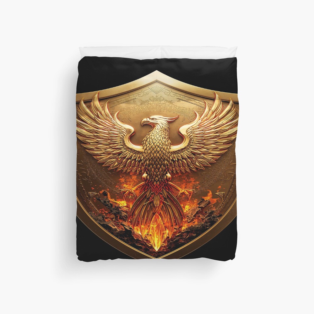 Golden Phoenix Crest Shield Fantasy Emblem on a duvet cover
