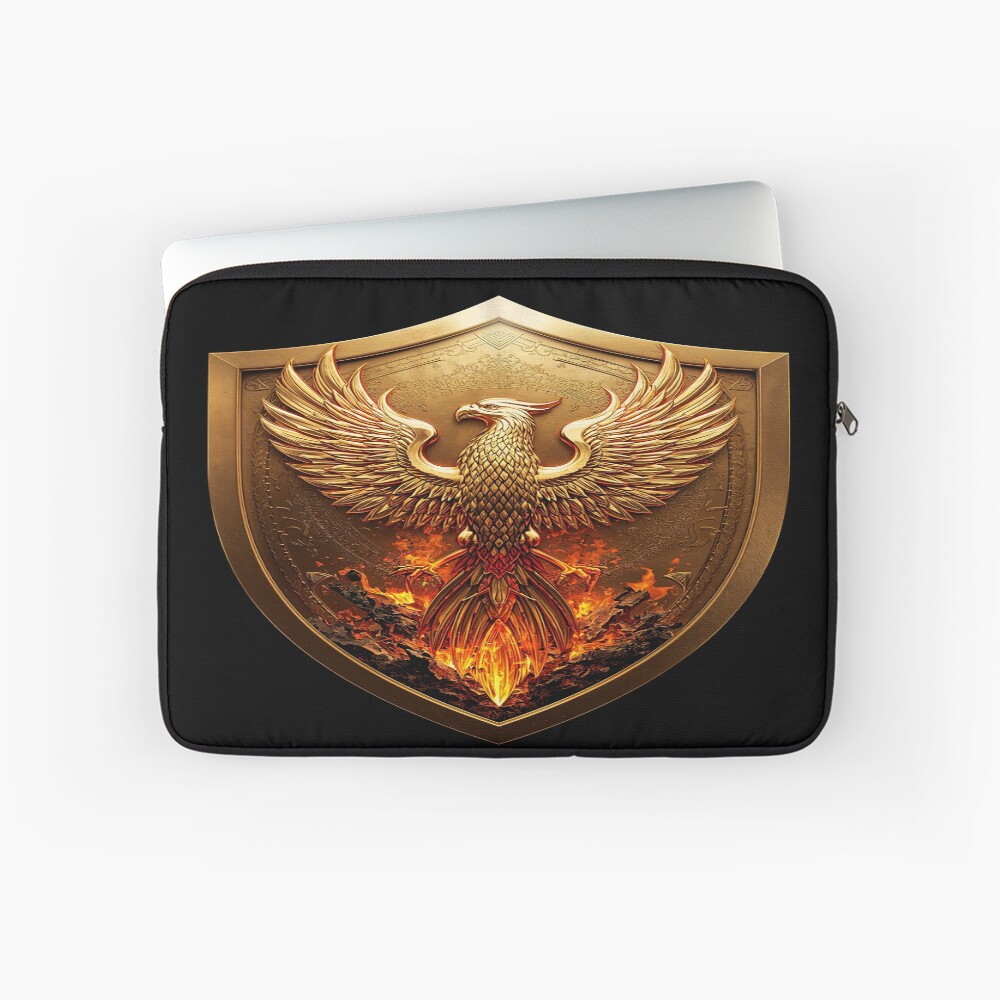 Golden Phoenix Crest Shield Fantasy Emblem on a laptop sleeve