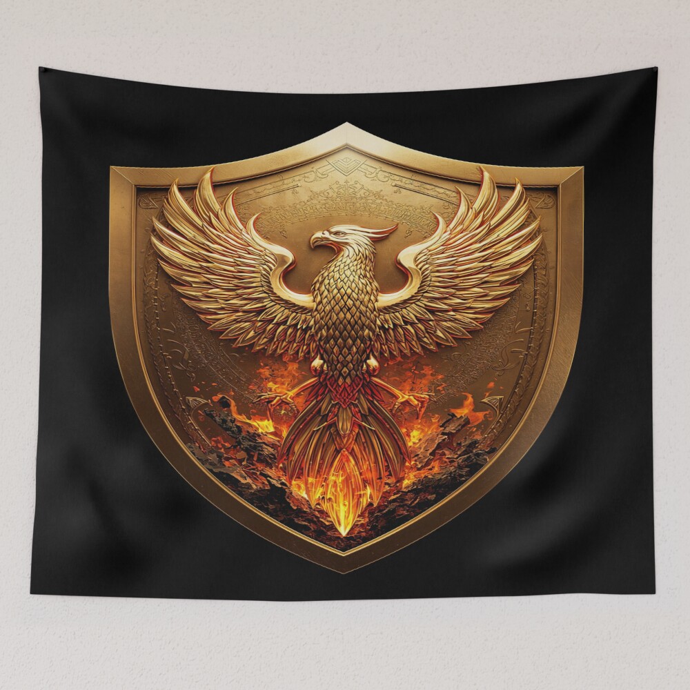 Golden Phoenix Crest Shield Fantasy Emblem on a tapestry