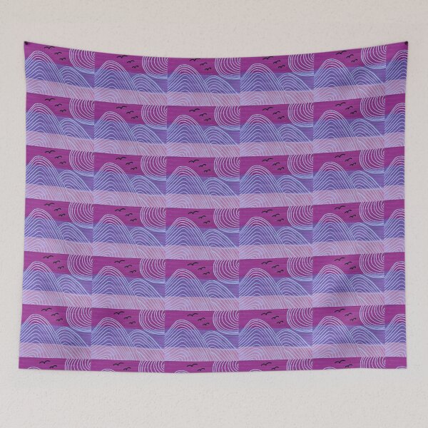 Item preview, Purple Wave Mountains – Abstract Hand-Drawn Landscape with Birds in Magenta Sky designed and sold by M1234s.