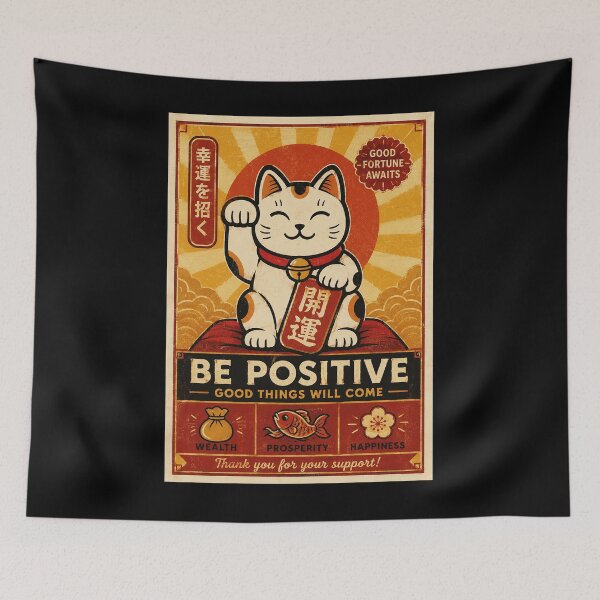 Item preview, Lucky Maneki Neko Be Positive Retro Japanese Inspiration Poster designed and sold by eliramaison.