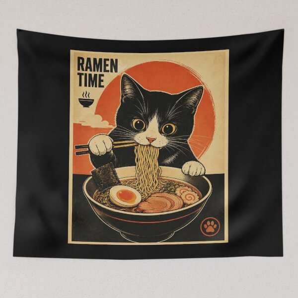 Item preview, Ramen Time Cute Black Cat Eating Noodles Retro Poster designed and sold by eliramaison.