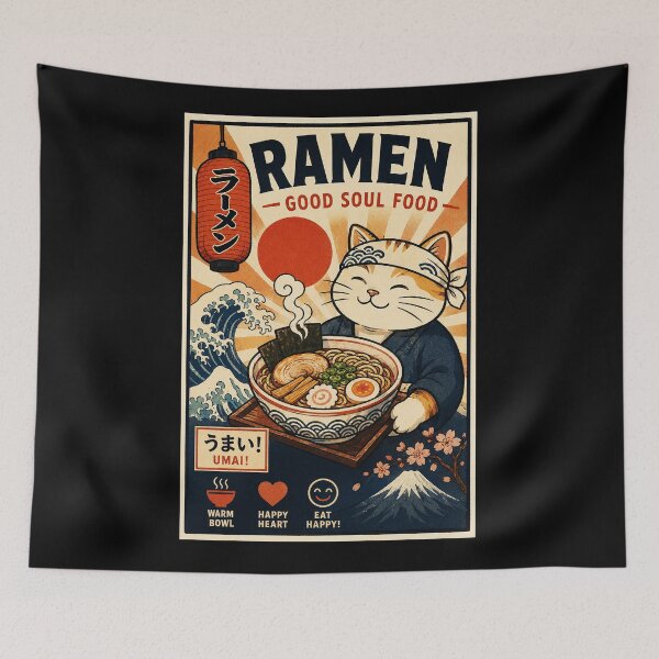 Item preview, Happy Ramen Cat Vintage Japanese Food Poster designed and sold by eliramaison.