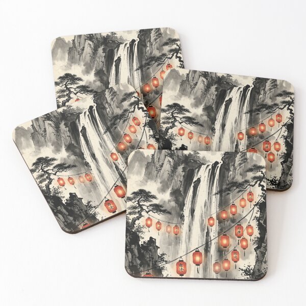 Item preview, Glowing Lanterns Over Mountain Waterfall - Japanese Landscape designed and sold by Hikariha Studio.