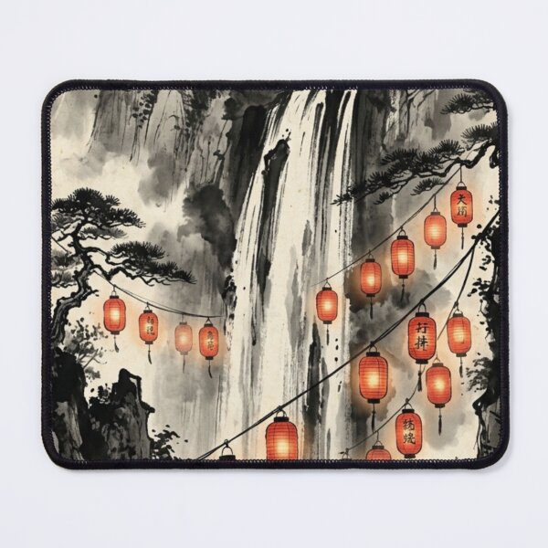 Item preview, Glowing Lanterns Over Mountain Waterfall - Japanese Landscape designed and sold by Hikariha Studio.