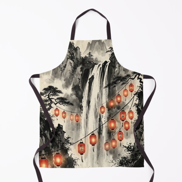 Item preview, Glowing Lanterns Over Mountain Waterfall - Japanese Landscape designed and sold by Hikariha Studio.