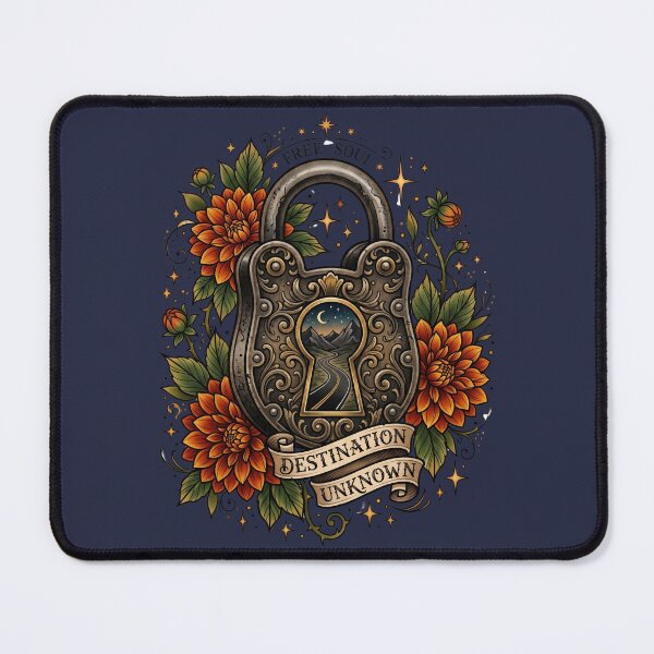 Item preview, Vintage Iron Padlock Mountain Highway Dahlia Tattoo Flash designed and sold by RetroRewind Studio.