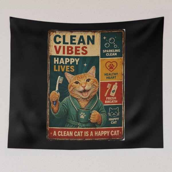 Item preview, Clean Vibes Happy Lives Retro Cat Bathroom Humor Poster designed and sold by eliramaison.