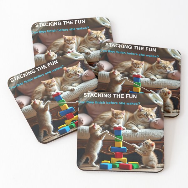 Item preview, Mischievous Ginger Kittens Building Block Tower Next to Sleeping Mother Cat designed and sold by Creative-RE.