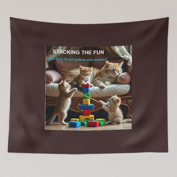 Item preview, Mischievous Ginger Kittens Building Block Tower Next to Sleeping Mother Cat designed and sold by Creative-RE.