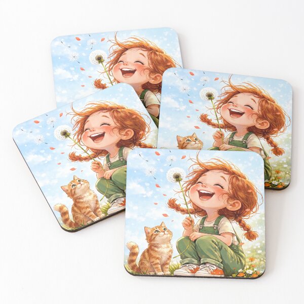 Item preview, Dandelion Wishes: Joyful Redhead Girl and Her Little Orange Kitten designed and sold by Tiny-roar-studio.