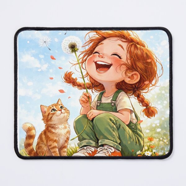 Item preview, Dandelion Wishes: Joyful Redhead Girl and Her Little Orange Kitten designed and sold by Tiny-roar-studio.