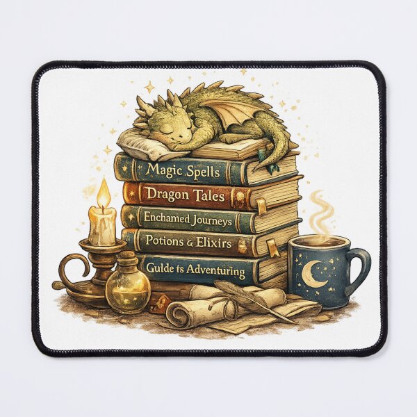 Item preview, Book Dragon's Reading List | Cozy Fantasy Dragon Sleeping on Books | Book Lover Gift designed and sold by MrDev.