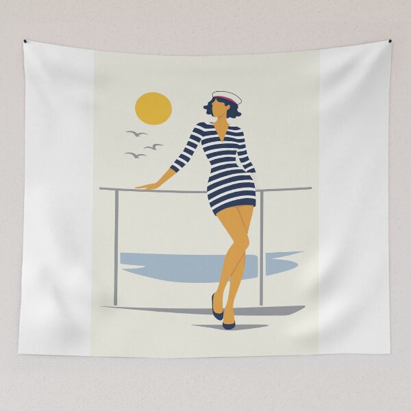 Item preview, Minimalist Nautical Woman Art, Coastal Stripes Illustration designed and sold by Studio pod Burom.