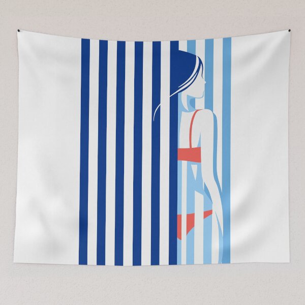 Item preview, Minimal Coastal Woman Art in Blue & Red, Stripes Art designed and sold by Studio pod Burom.