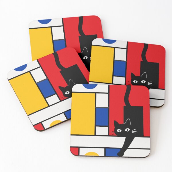 Item preview, Black Cat in Mondrian Style, Red Blue Yellow Cat Decor designed and sold by Studio pod Burom.
