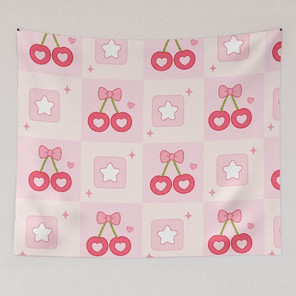 Item preview, Coquette Pattern of Cherries, Hearts and Pink Stars designed and sold by EsenciaZen.