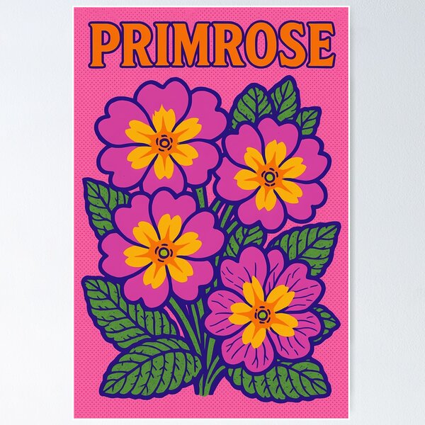 Item preview, Retro Pop Art Poster Illustration of Primrose Flowers | Bold Spring Botanical Print with Soft Pastel Blooms & Early Garden Revival Aesthetic | Vintage Floral Wall Art Decor designed and sold by PaintedPixels01.