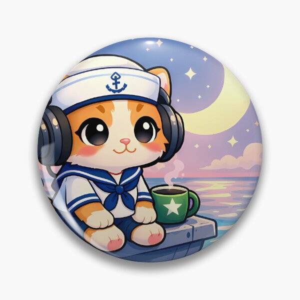 Item preview, Kawaii US Navy Sailor Kitten under Moon LoFi Sticker⁠ designed and sold by MIROUZ2000.