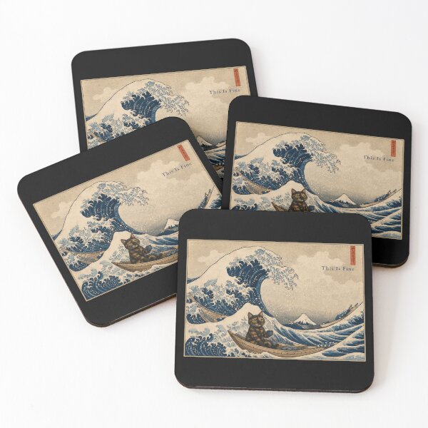 Item preview, This Is Fine — Tortoiseshell Cat Great Wave Kanagawa Hokusai Parody Poster designed and sold by Martin's_Design.