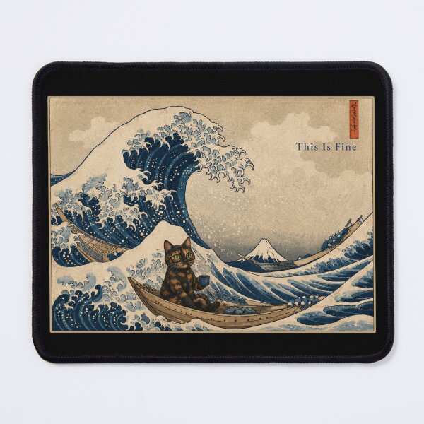 Item preview, This Is Fine — Tortoiseshell Cat Great Wave Kanagawa Hokusai Parody Poster designed and sold by Martin's_Design.