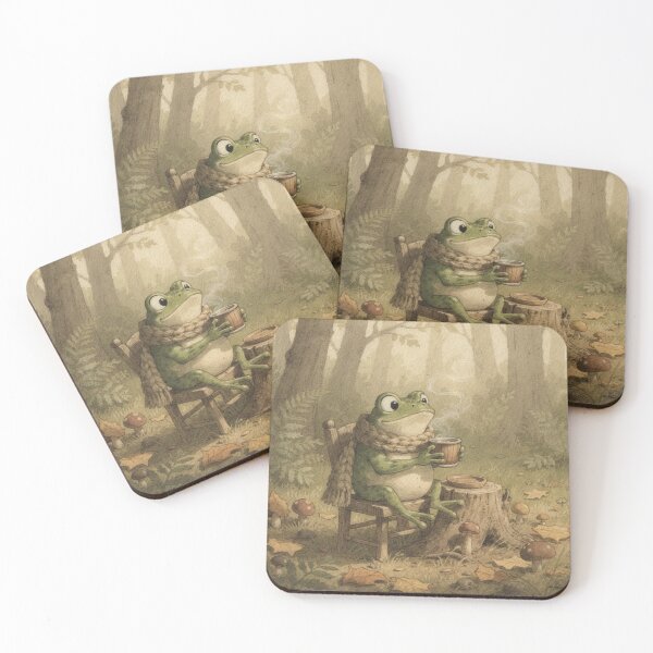 Item preview, Cozy Frog in Scarf with Acorn Coffee Cottagecore Art designed and sold by PictorialWhimsy.