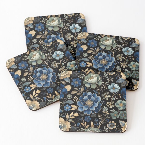 Item preview, Blue Gold Floral Pattern | Elegant Botanical Flower Design | Luxury Dark Floral Art designed and sold by GalleryPeak.