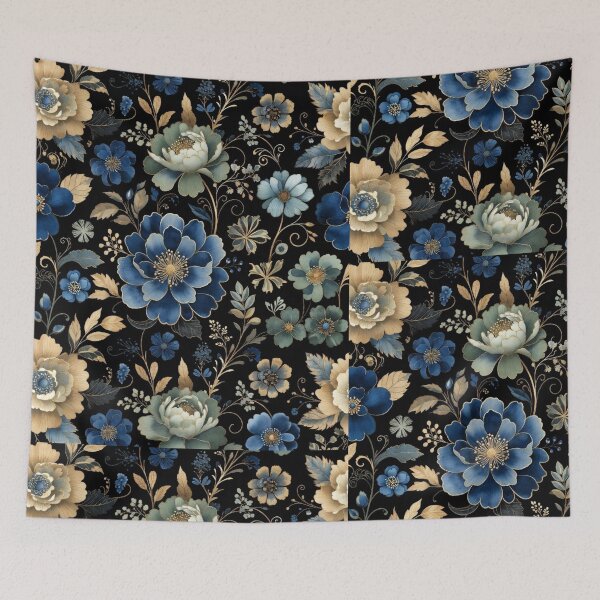 Item preview, Blue Gold Floral Pattern | Elegant Botanical Flower Design | Luxury Dark Floral Art designed and sold by GalleryPeak.