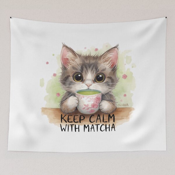 Item preview, Cute Cat Drinking Matcha – Keep Calm With Matcha Kawaii Watercolor Illustration designed and sold by JessLamunn89.