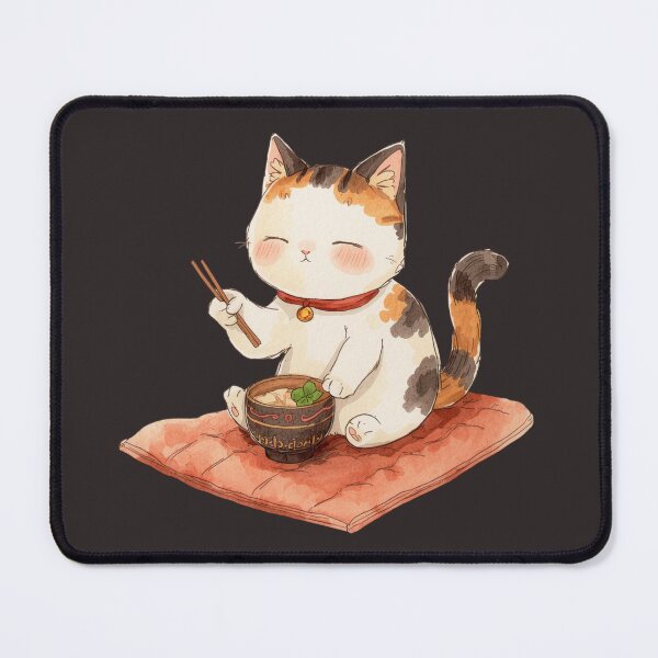 Item preview, Cute Calico Cat Eating Noodles Illustration – Kawaii Cat Lover Design designed and sold by JessLamunn89.