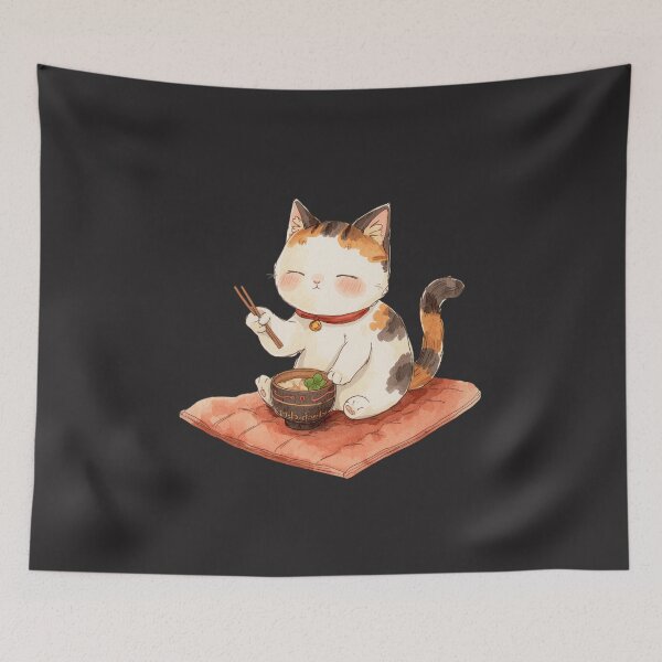 Item preview, Cute Calico Cat Eating Noodles Illustration – Kawaii Cat Lover Design designed and sold by JessLamunn89.
