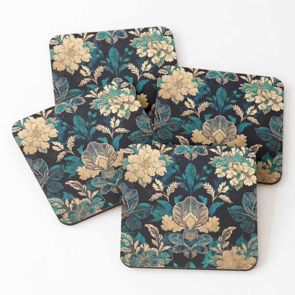 Item preview, Teal Gold Floral Pattern | Luxury Botanical Damask Design | Elegant Vintage Flower Artwork designed and sold by GalleryPeak.