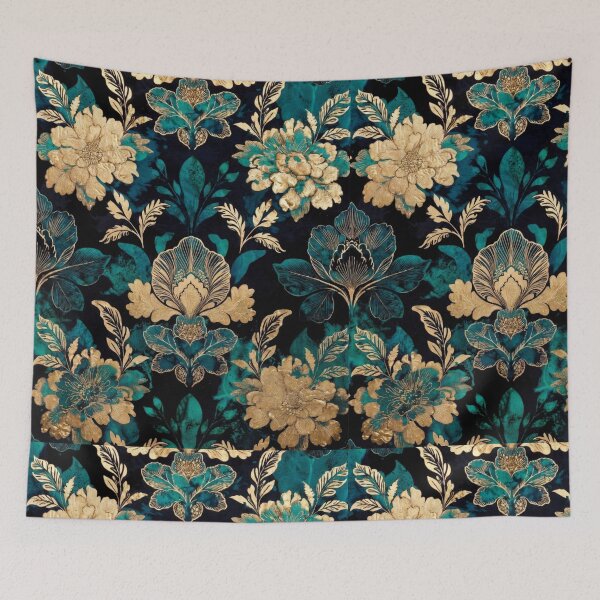 Item preview, Teal Gold Floral Pattern | Luxury Botanical Damask Design | Elegant Vintage Flower Artwork designed and sold by GalleryPeak.