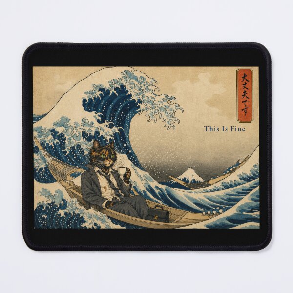 Item preview, This Is Fine — Tortoiseshell Cat Disheveled Suit Great Wave Kanagawa Parody Poster designed and sold by Martin's_Design.