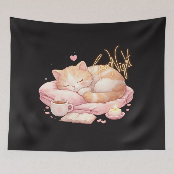 Item preview, Cute Sleeping Cat Good Night Illustration – Cozy Kitten with Candle, Tea & Book | Kawaii Aesthetic Art designed and sold by JessLamunn89.