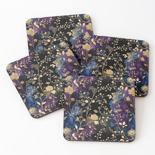 Item preview, Gold Botanical Watercolor Pattern | Purple Blue Floral Design | Luxury Dark Floral Artwork designed and sold by GalleryPeak.